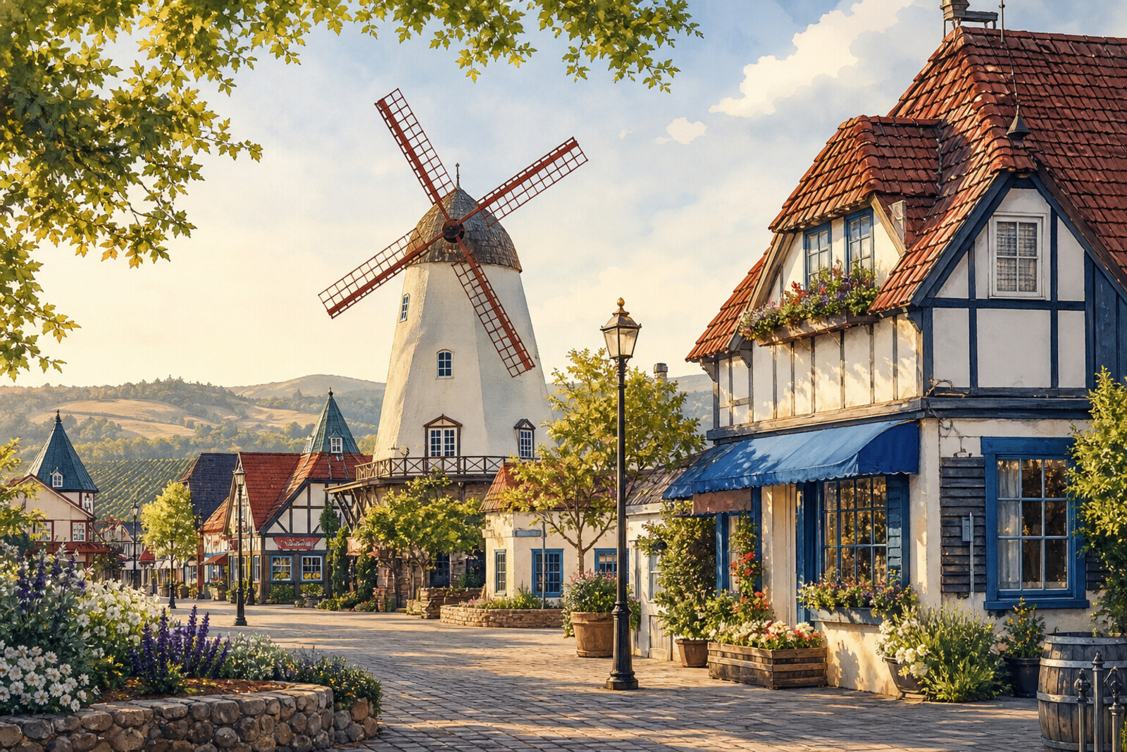 Ink watercolor Solvang windmill village scene