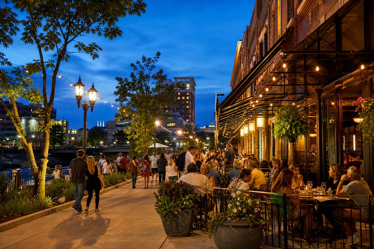 Downtown South Bend restaurant dining room in the evening