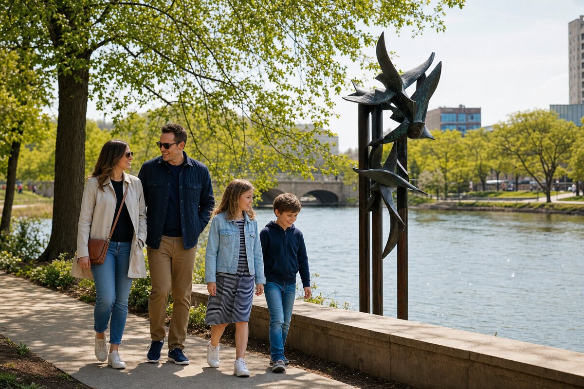 Contextual family walk beside the St. Joseph River in South Bend