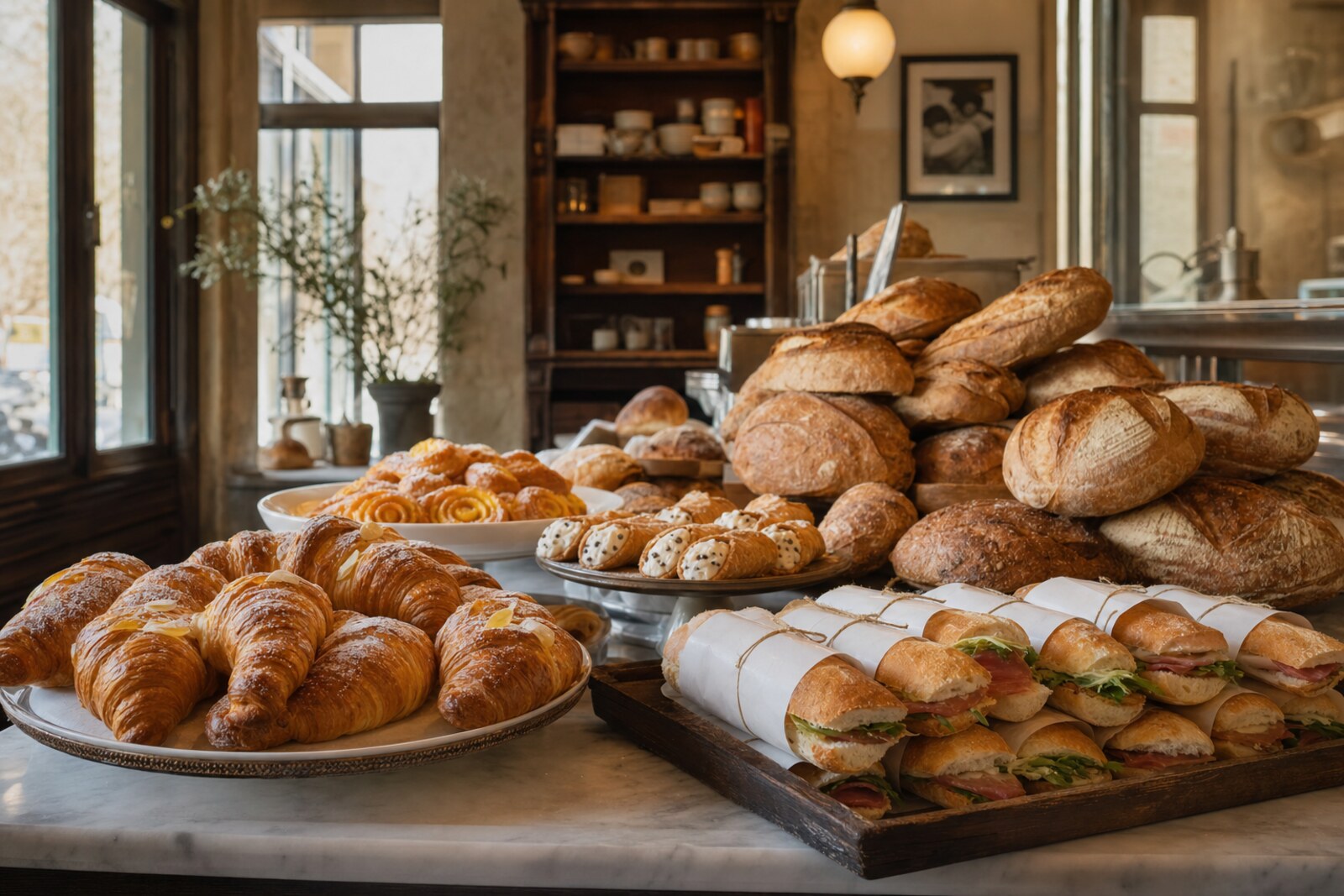 Contextual Italian bakery counter with pastries and coffee