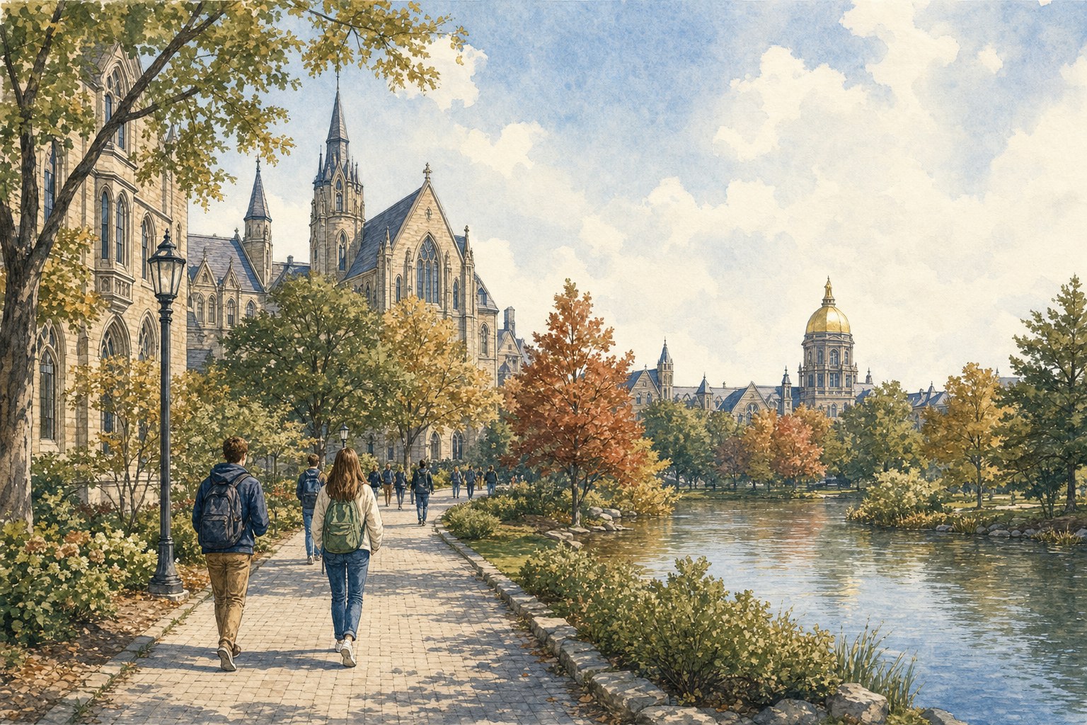 Tree-lined Notre Dame campus walk beside collegiate buildings and a lake