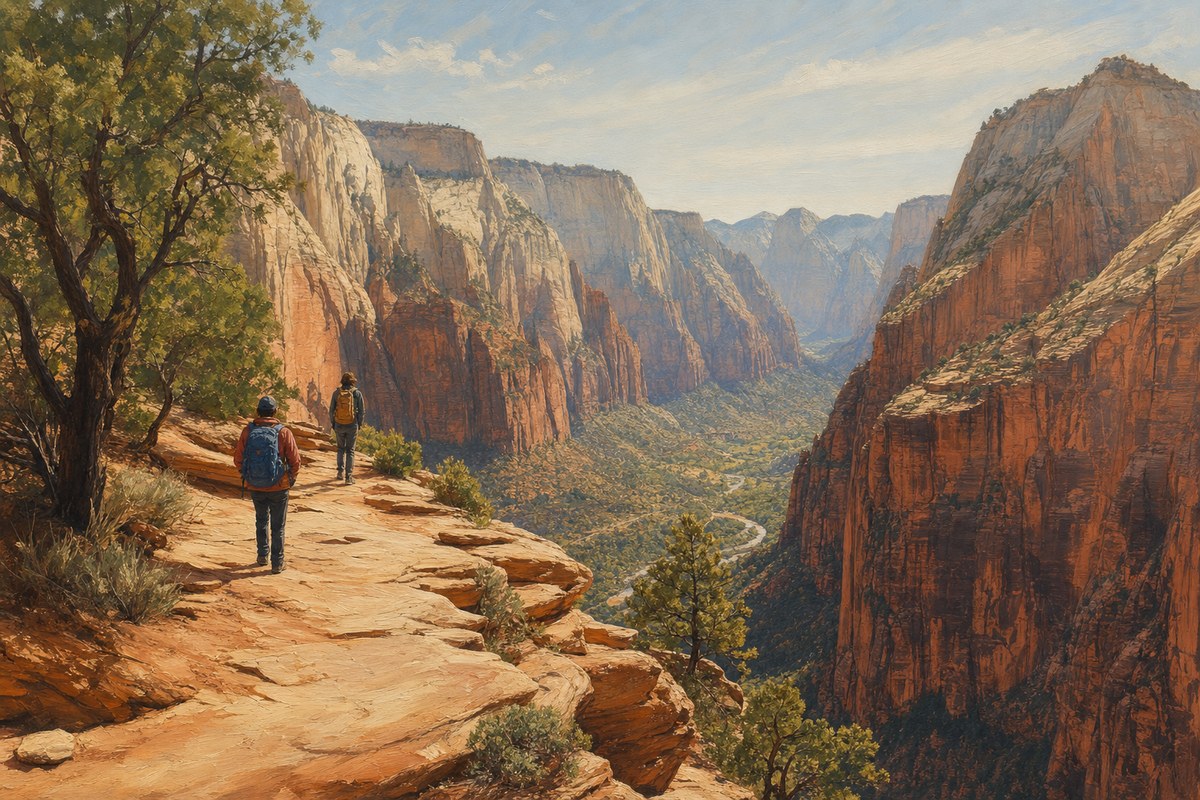 Hikers on a sandstone path above a broad Zion canyon