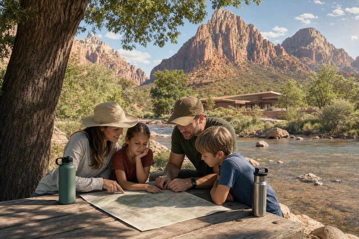 A family studying a park map beneath cottonwoods beside the Virgin River