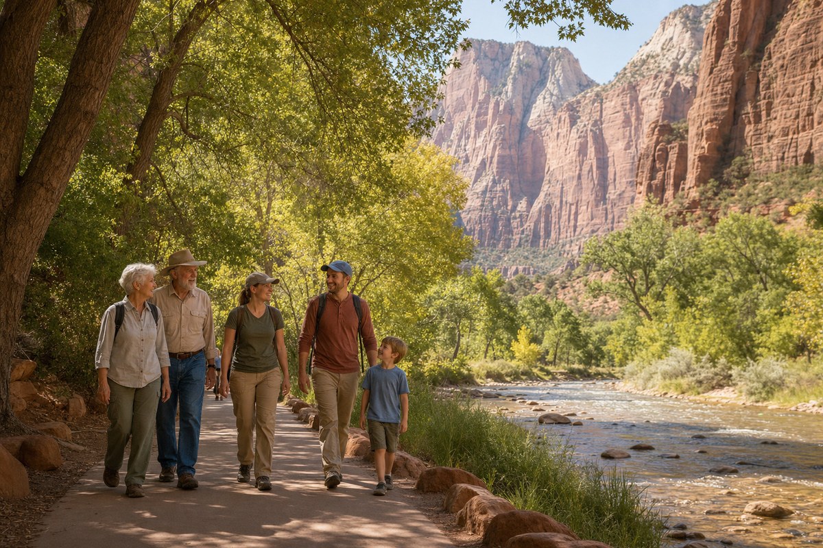 A multigenerational family walking beneath cottonwoods in Zion Canyon