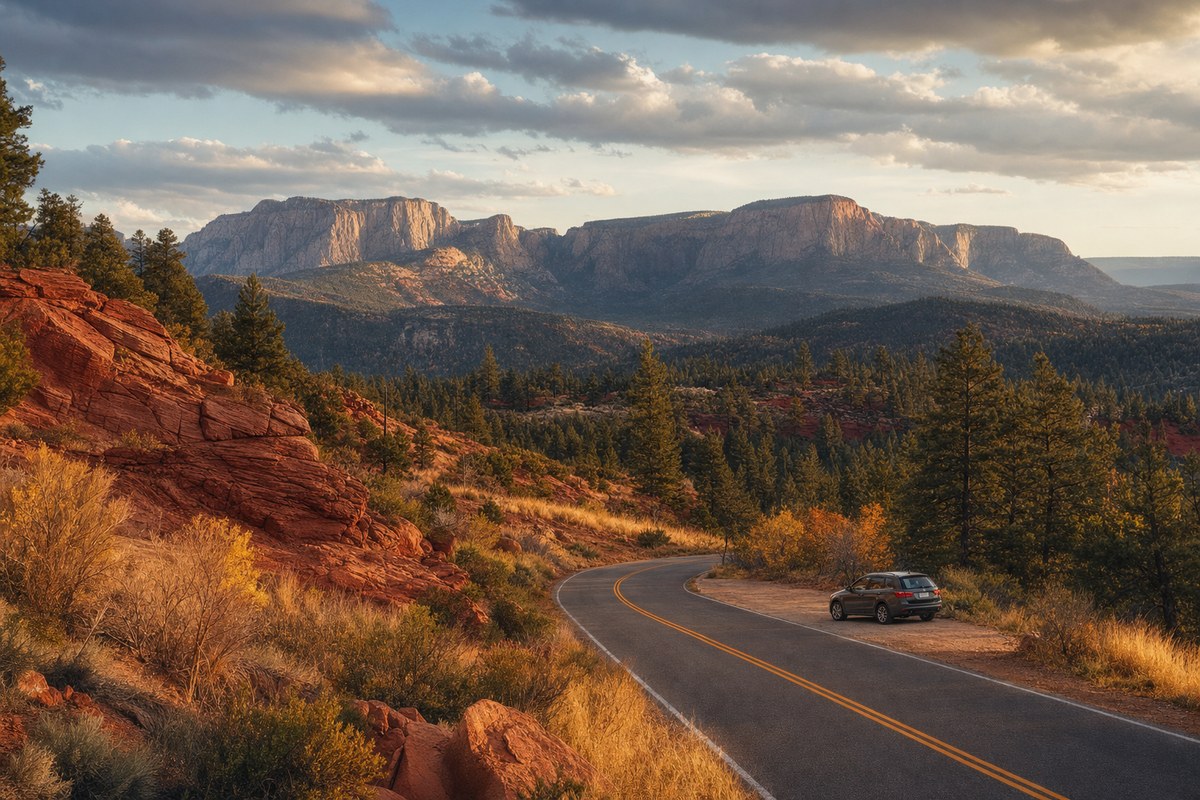 A quiet high-country road passing red rock and pine near Zion