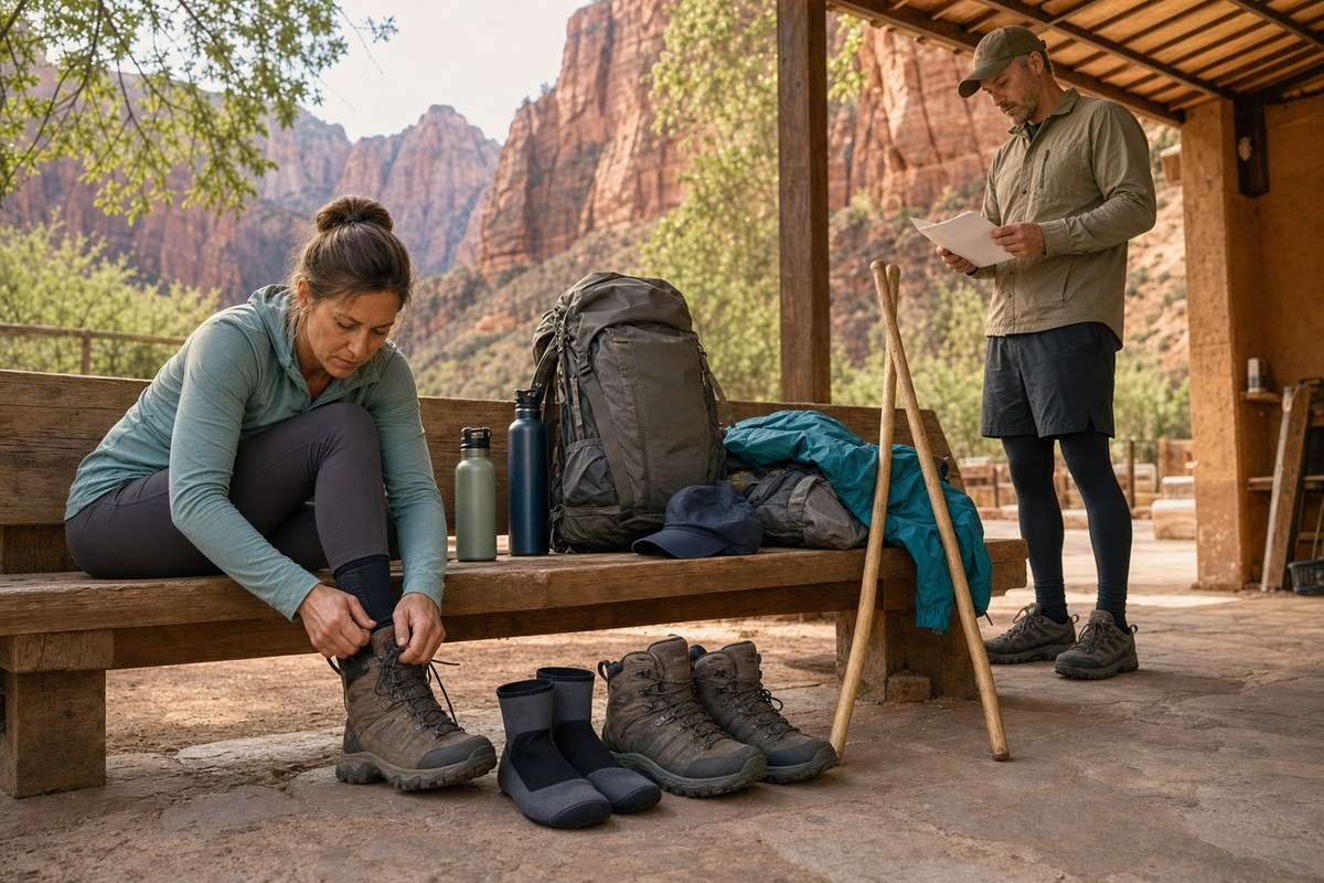 Hikers preparing closed canyon footwear, walking sticks, packs, and water in Springdale