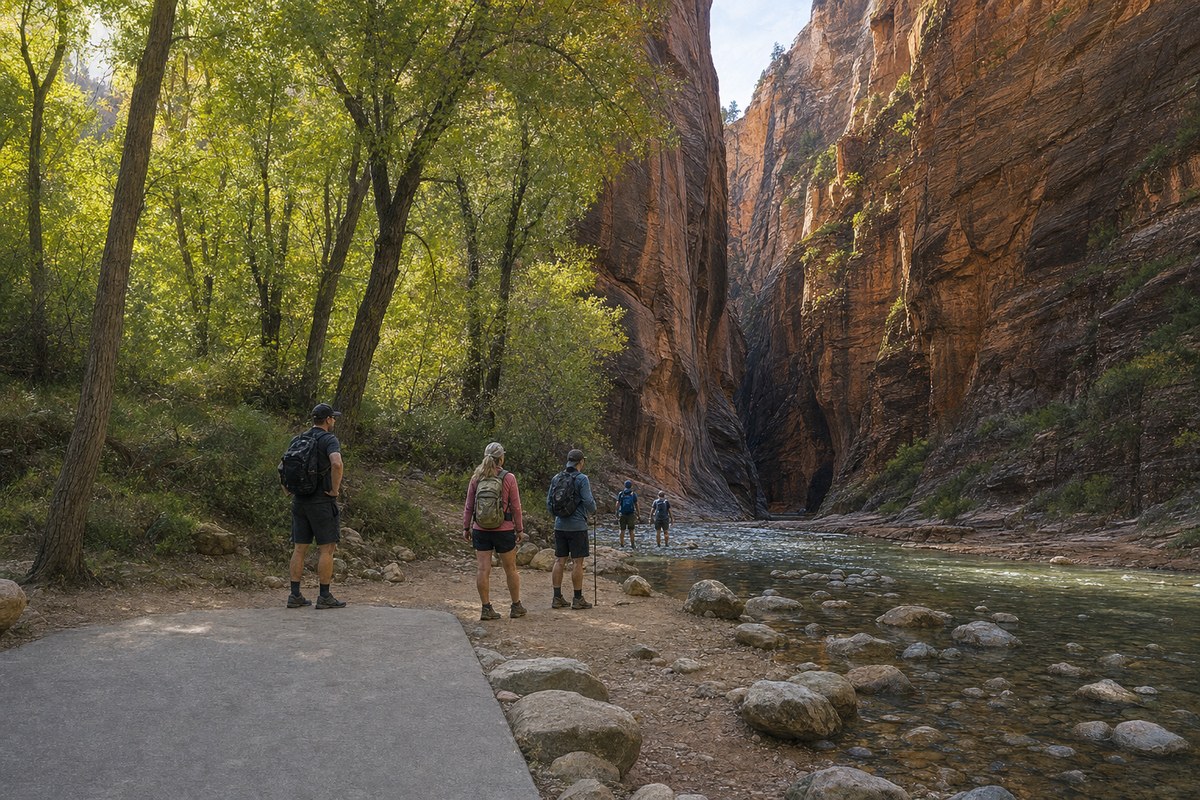Hikers assessing the rocky Virgin River where Riverside Walk meets the Narrows