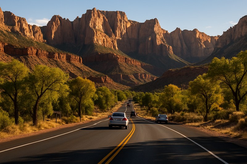 Scenic arrival drive into Springdale