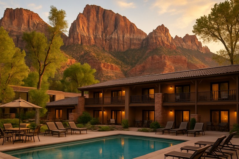 Springdale lodging scene beneath Zion cliffs