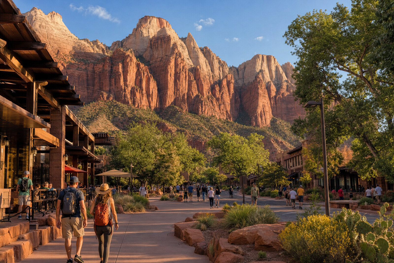 Pedestrians walking through a low-rise Springdale streetscape beneath Zion's sandstone cliffs