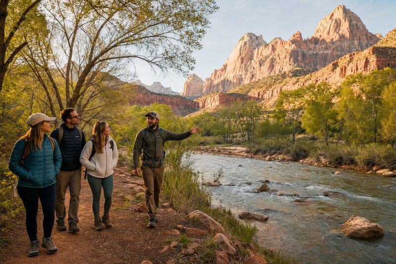 Hikers beside the Virgin River beneath Zion Canyon walls