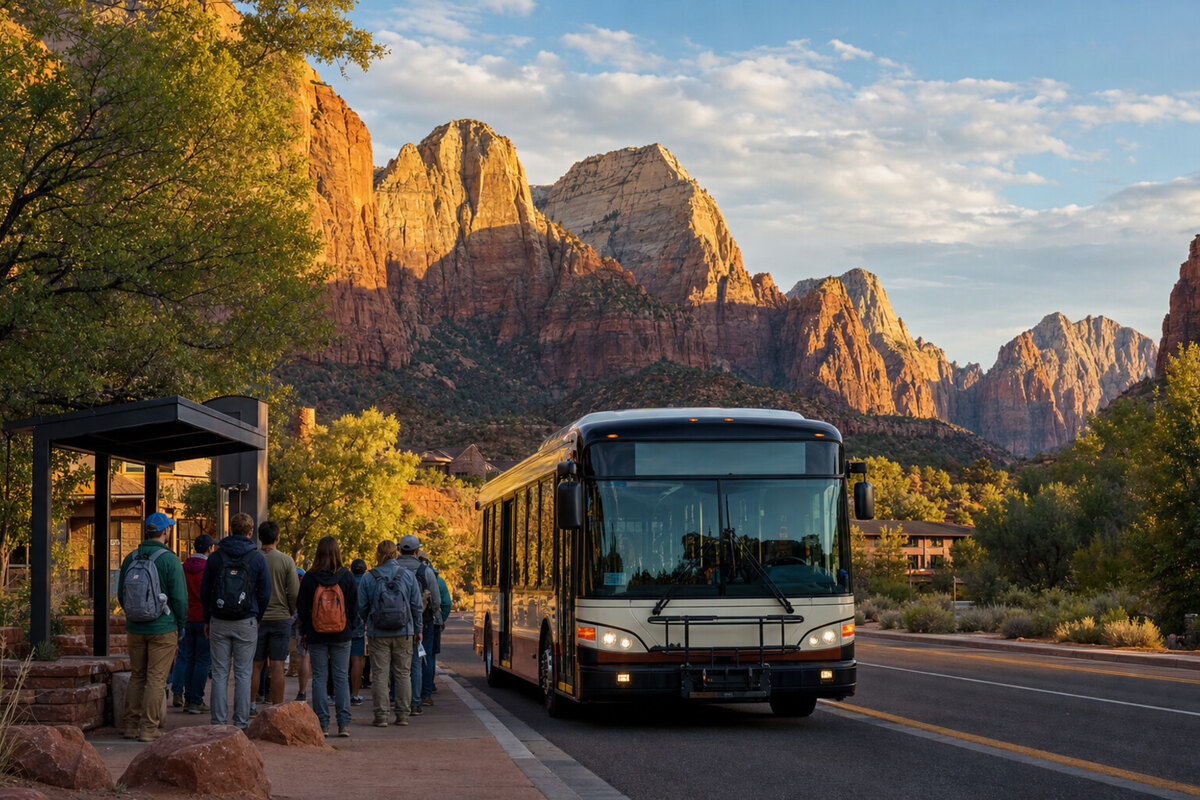 Watercolor illustration of Zion shuttle timing and a return to Springdale