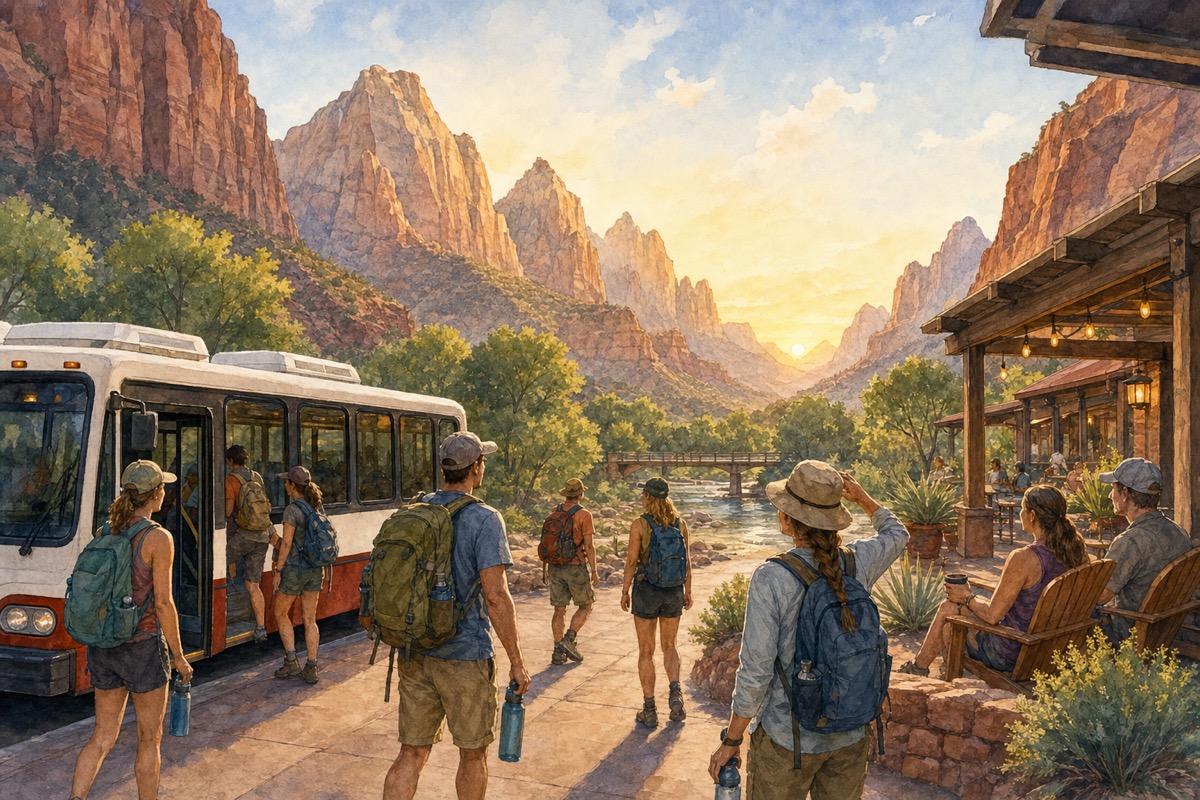 Watercolor illustration of Zion shuttle timing and Springdale canyon recovery