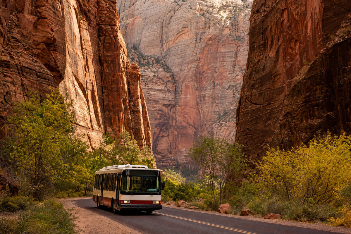 Watercolor illustration of Zion shuttle timing and a return to Springdale