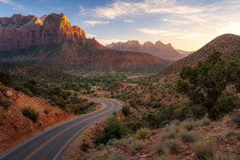 Springdale red rock cliffs and Zion canyon light