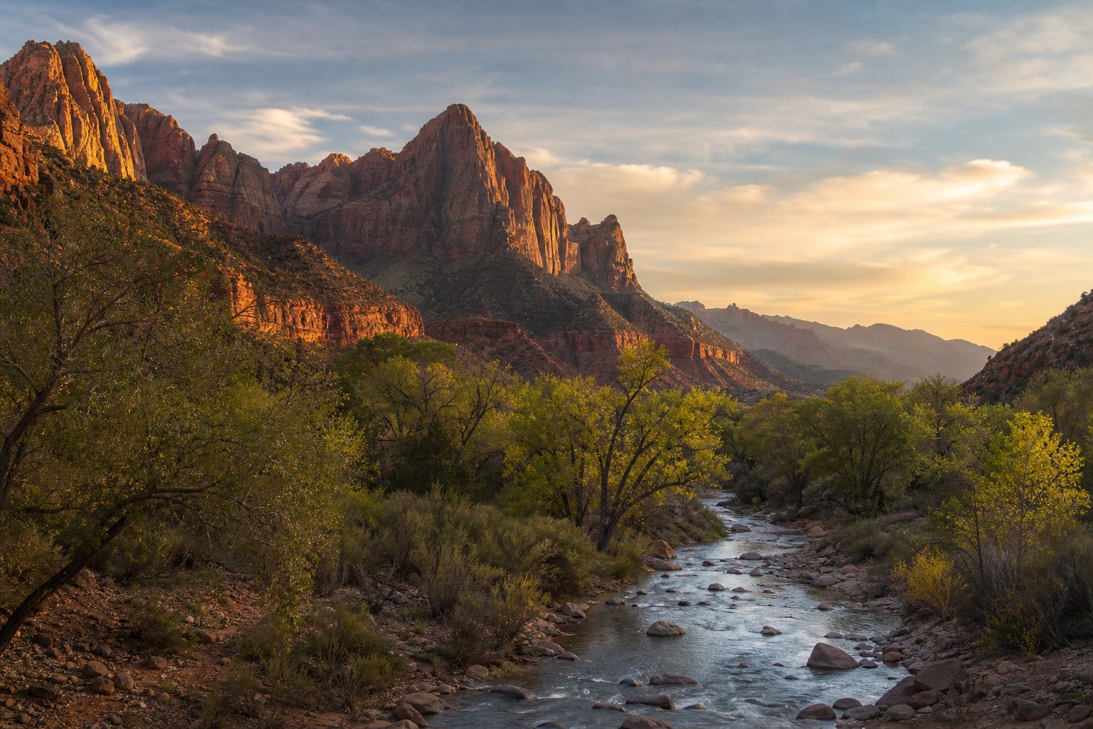 Springdale red rock cliffs and Zion canyon light