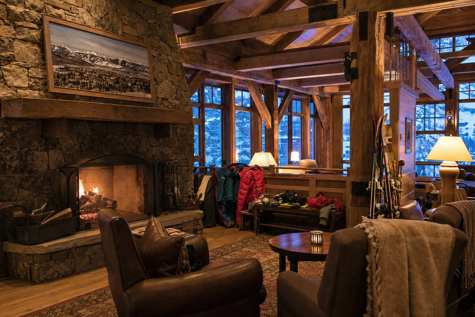 Cozy Steamboat ski lodge lounge with fireplace and winter windows