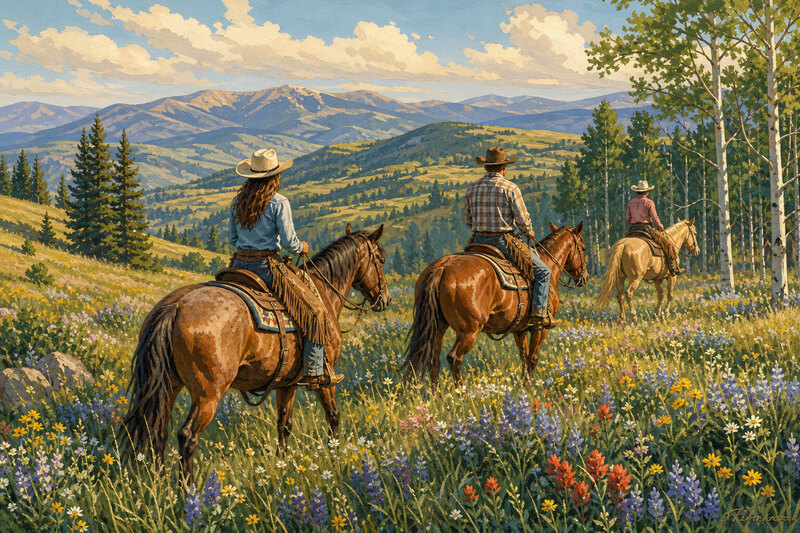 Horseback riding through meadow mountains Steamboat Springs Colorado summer