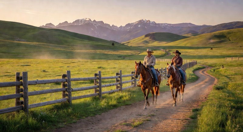 Horseback riding through meadow mountains Steamboat Springs Colorado summer