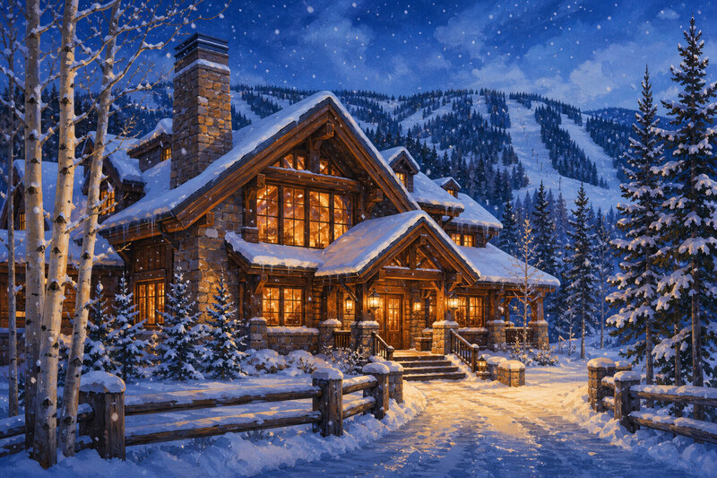 Ski gear and a folded map beside a mountain lodge entrance at blue hour