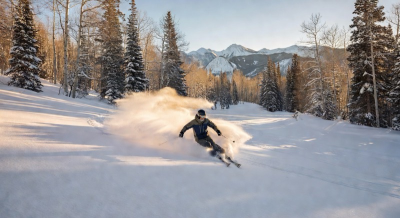 Steamboat ski resort champagne powder snow skiers on mountain blue sky