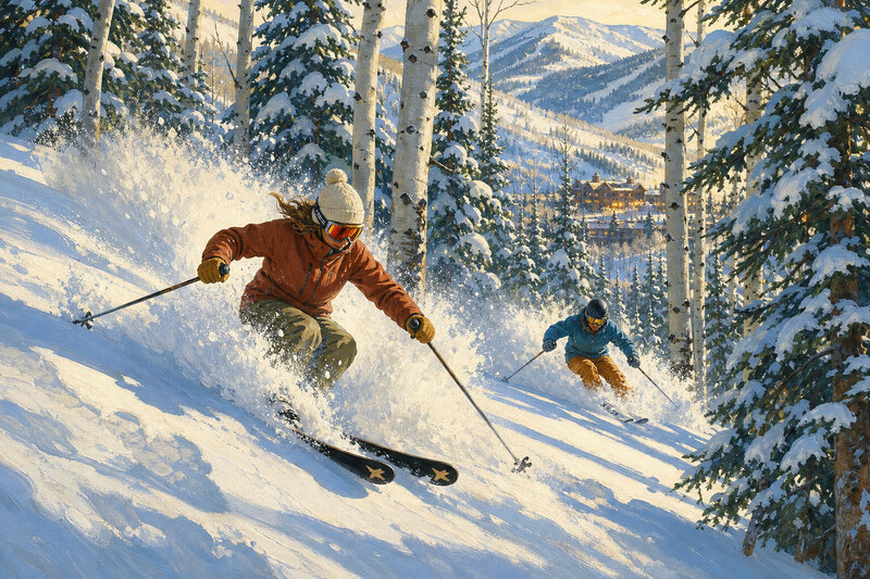 Steamboat ski resort champagne powder snow skiers on mountain blue sky
