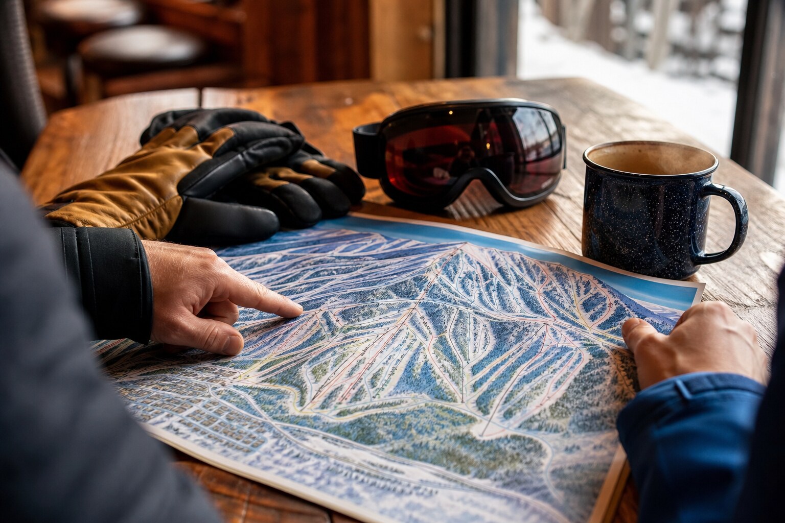 Hands planning a Steamboat ski day with trail map, goggles, gloves, and coffee