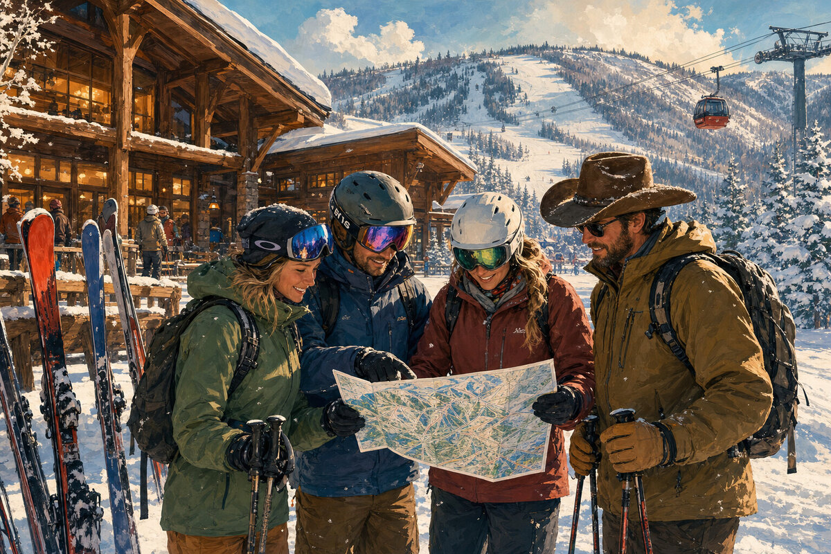 Hands planning a Steamboat ski day with trail map, goggles, gloves, and coffee