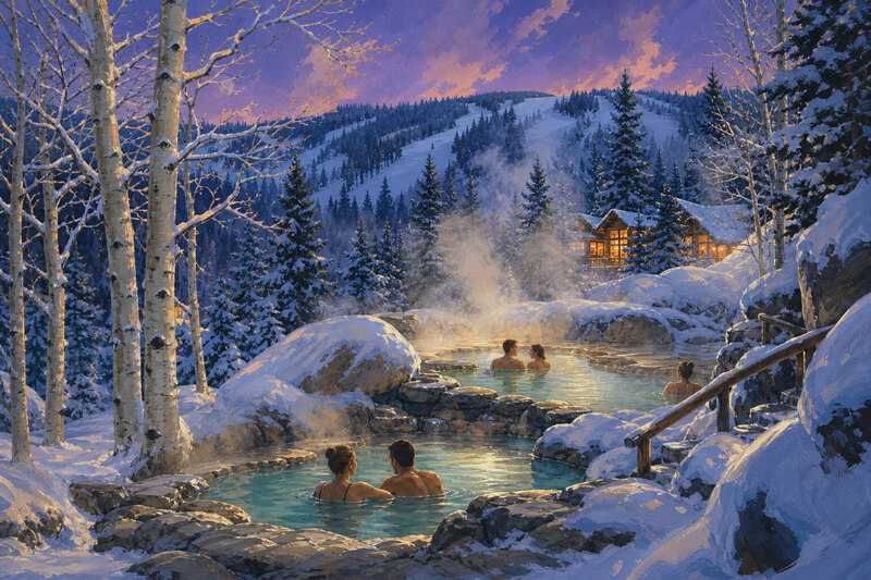 Steaming outdoor hot-water pools among snow-covered trees near Steamboat Springs