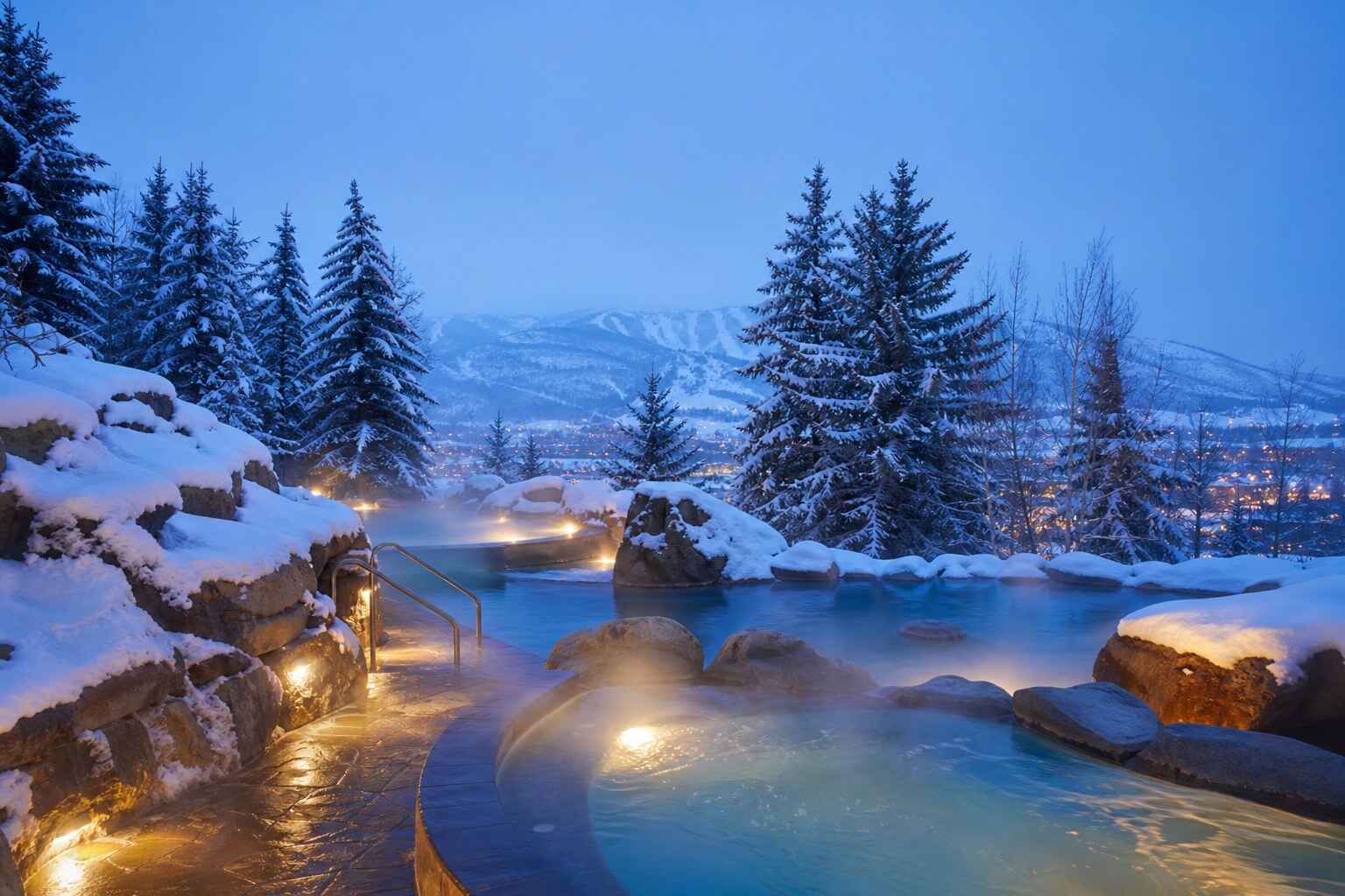 Steaming Steamboat winter hot springs pools after skiing