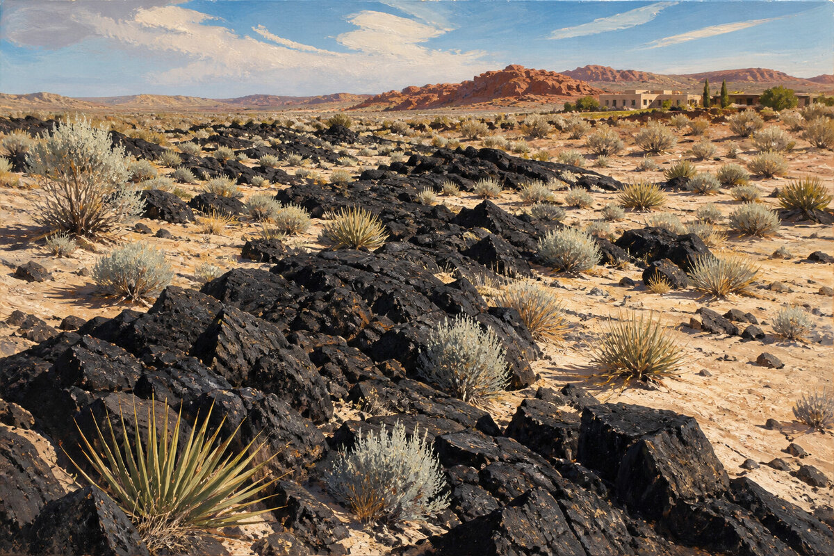 Black basalt lava flow beneath red sandstone in Snow Canyon