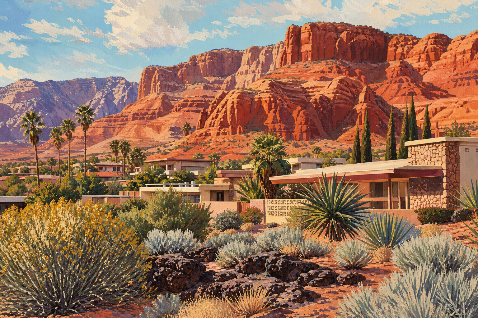 St. George beneath luminous red sandstone cliffs