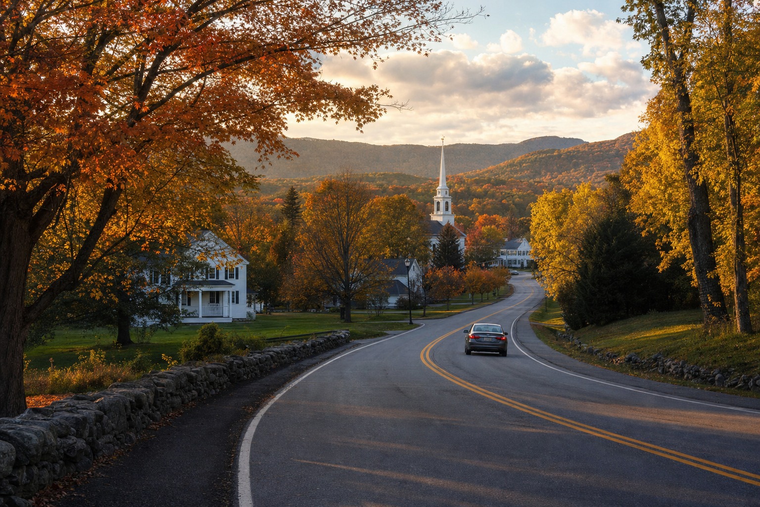 Contextual autumn road arrival in the Berkshires near Stockbridge