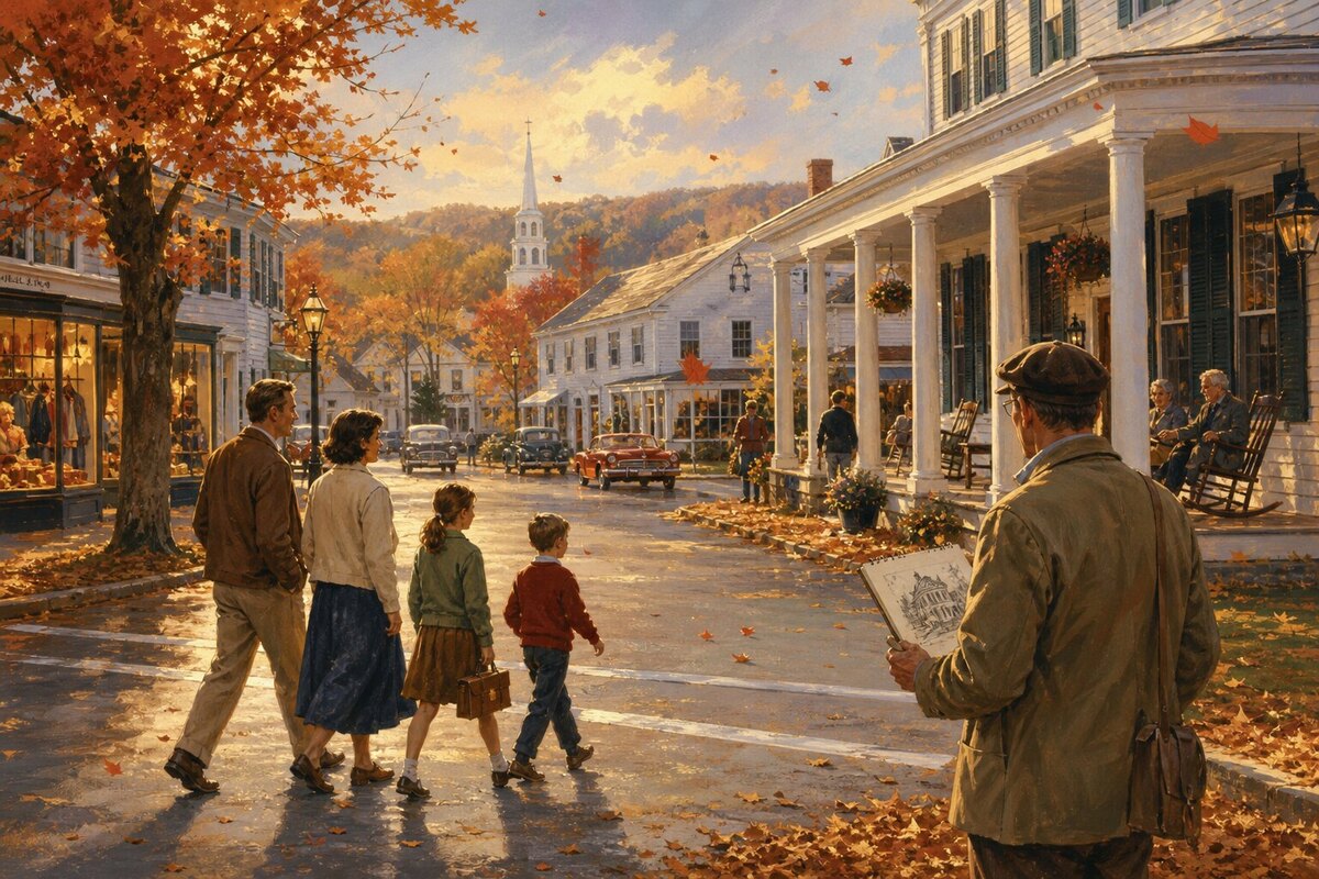 Illustrated Stockbridge Main Street in warm autumn light