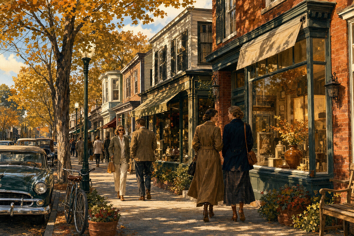 Illustrated Stockbridge Main Street in warm autumn light