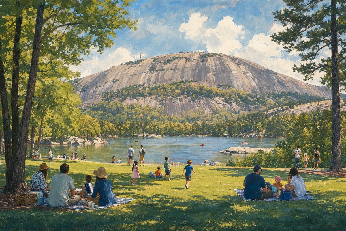 Family lawn with Stone Mountain above the trees