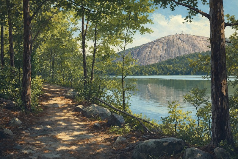 Family lake outing beneath Stone Mountain