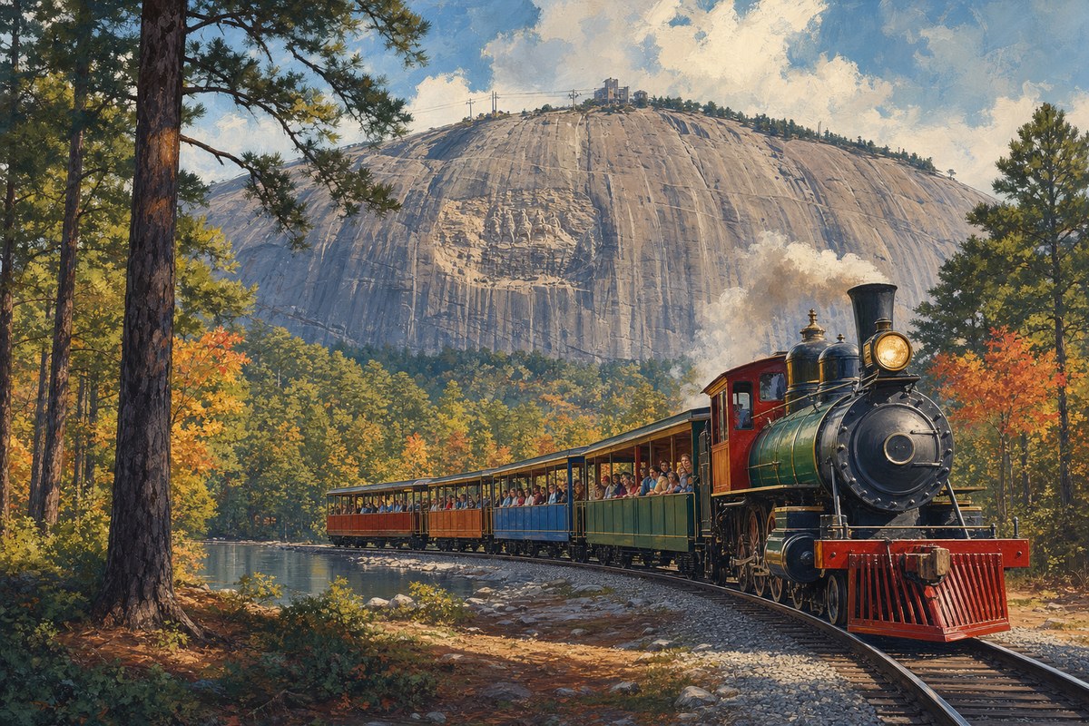Scenic railroad near wooded Stone Mountain Park
