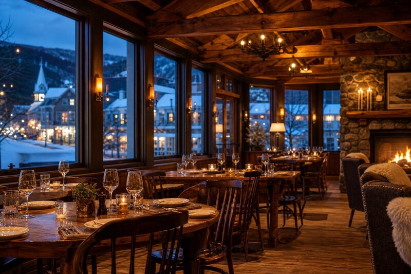 Warm restaurant interior for a Stowe evening