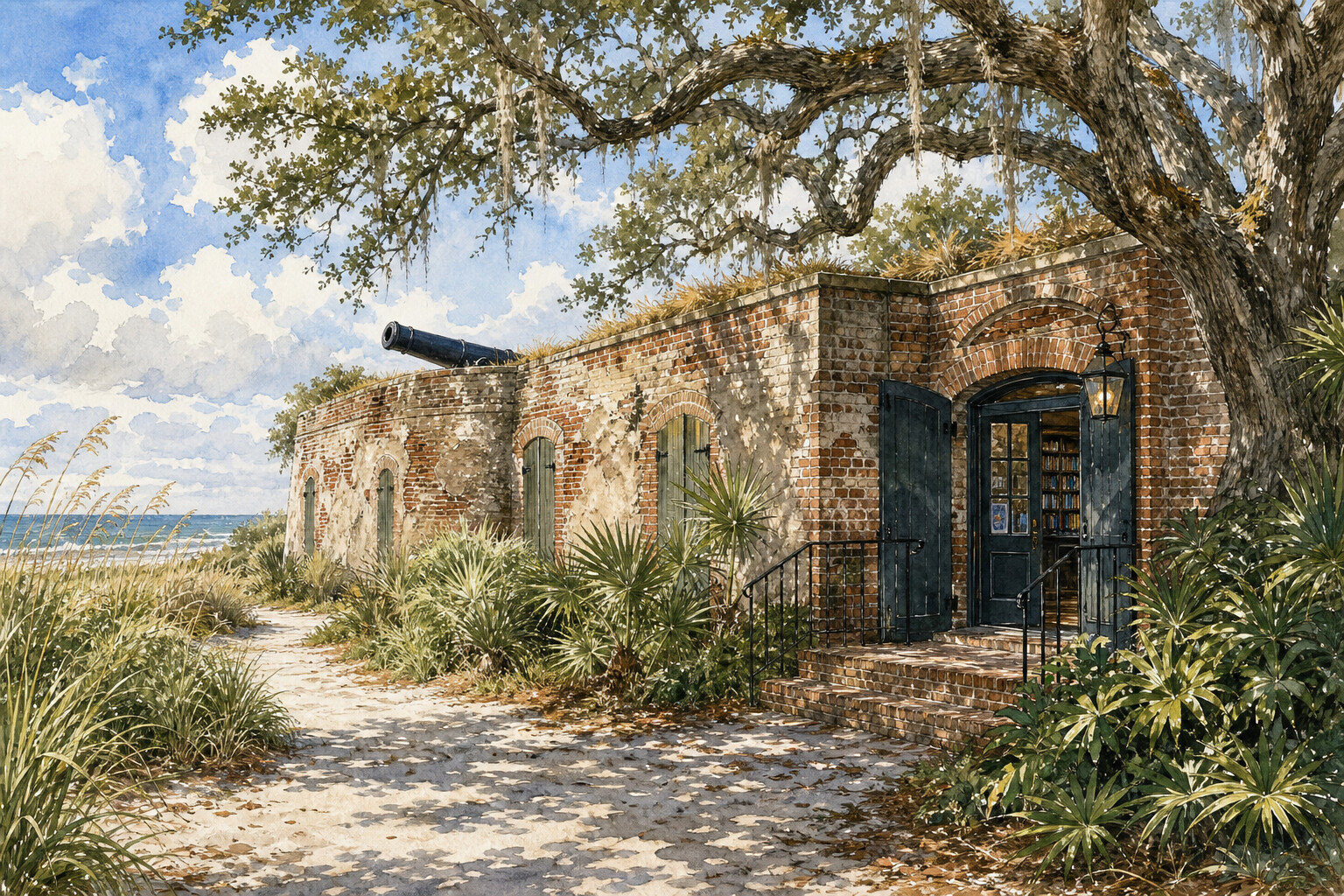 Battery Gadsden exterior and Edgar Allan Poe Library entrance