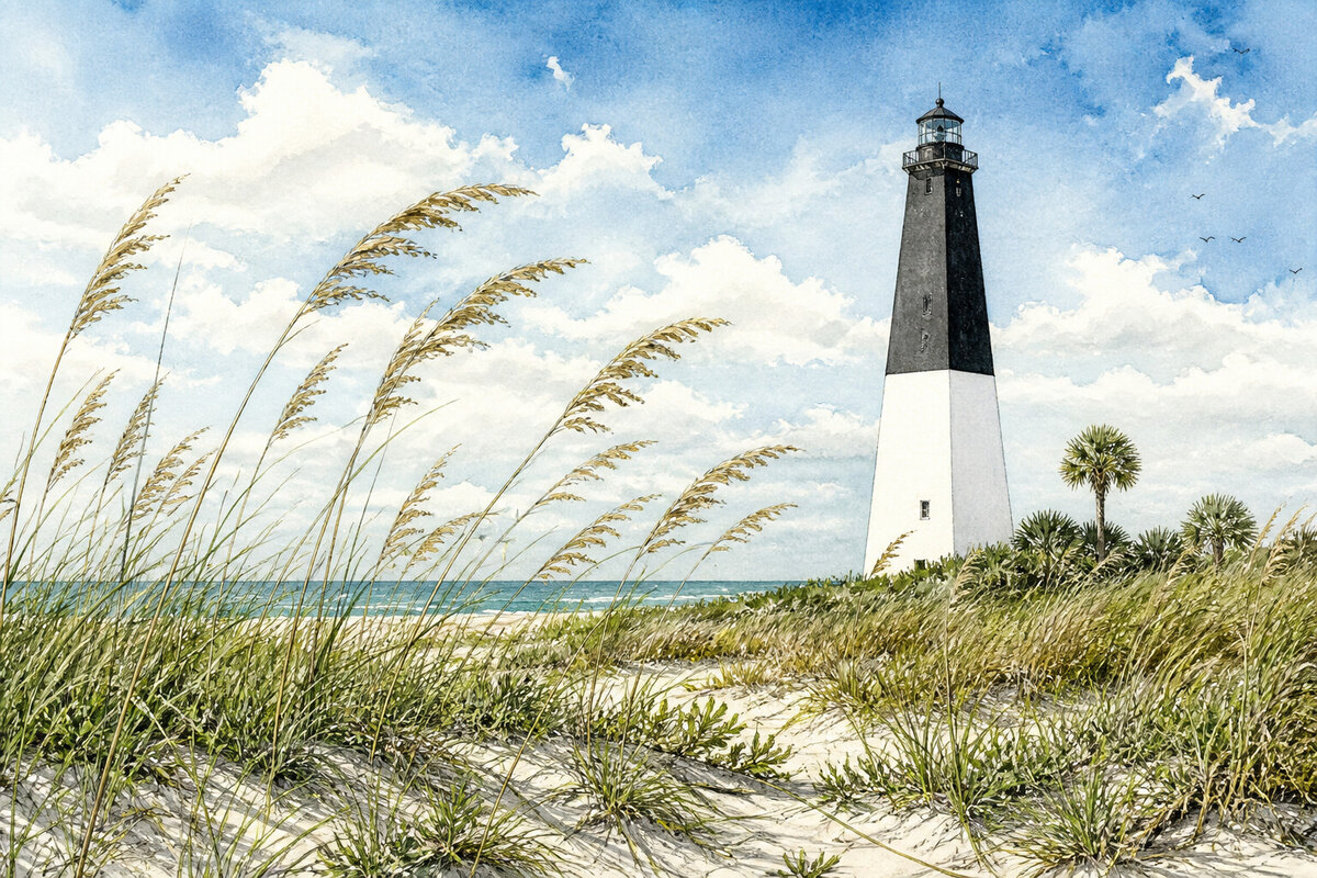 Charleston Light rising beyond Sullivan's Island dunes