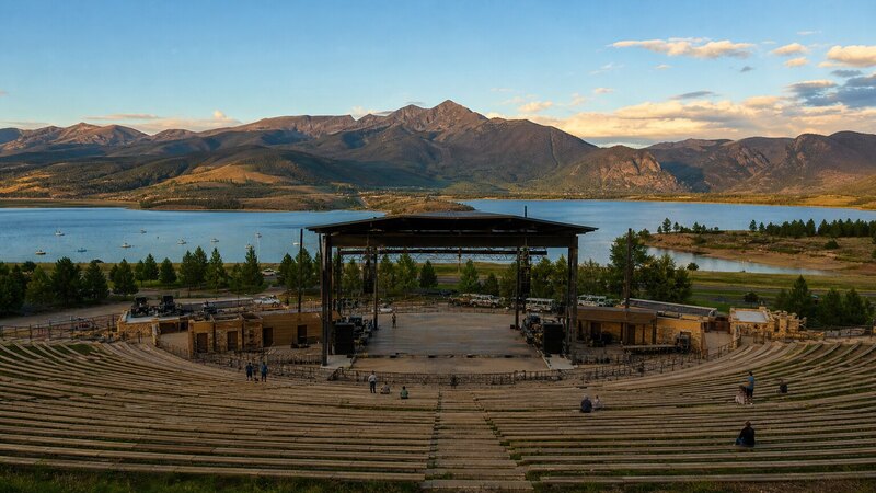 Dillon Amphitheater and Dillon Reservoir at sunset