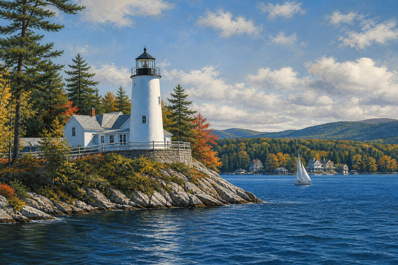 Lake Sunapee inland lighthouse and sailboat in gouache