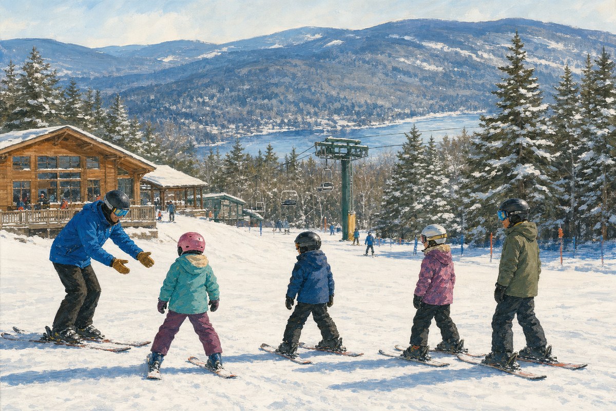 Ski instructor with learners on gentle Mount Sunapee terrain