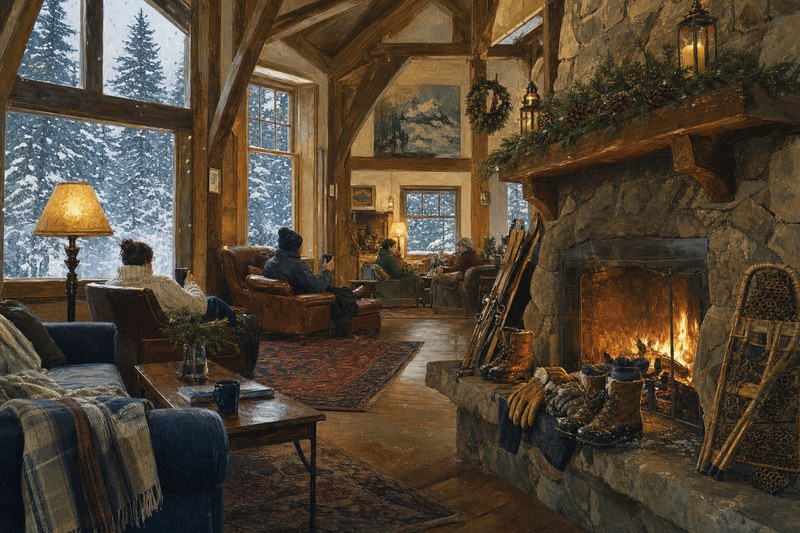 Warm New Hampshire lodge lounge with a fieldstone fireplace