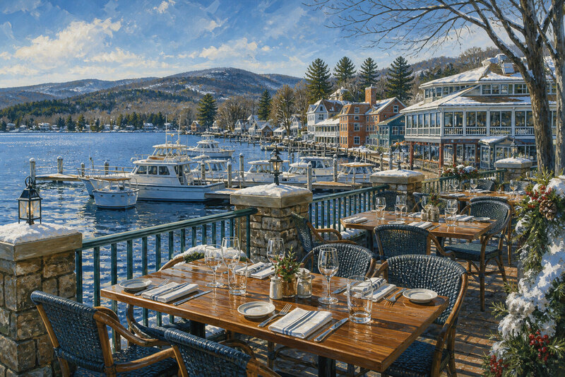 Sunapee harbor dining in gouache