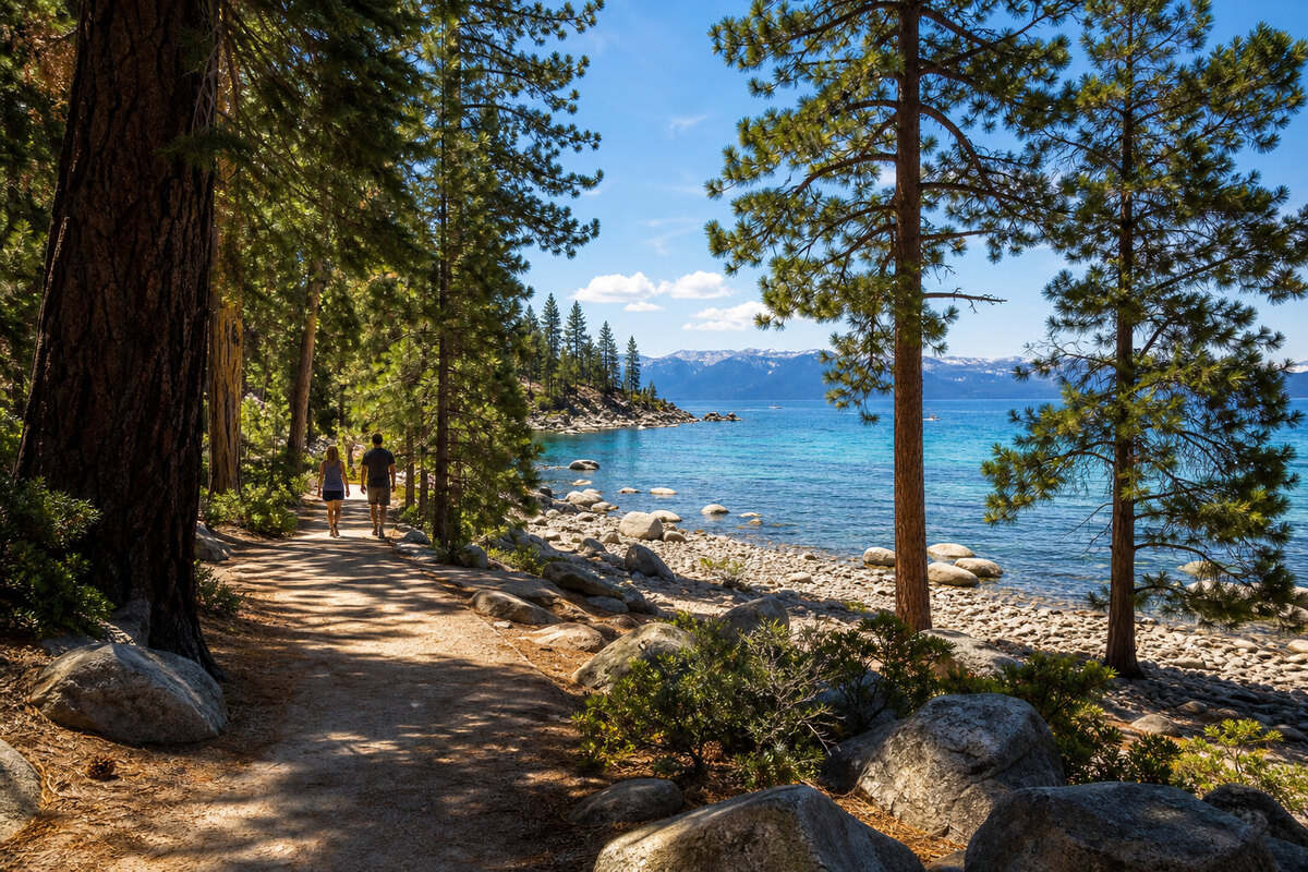 Watercolor cue art of a Tahoe City beach day with shade, parking, kayaks, and clear Lake Tahoe water