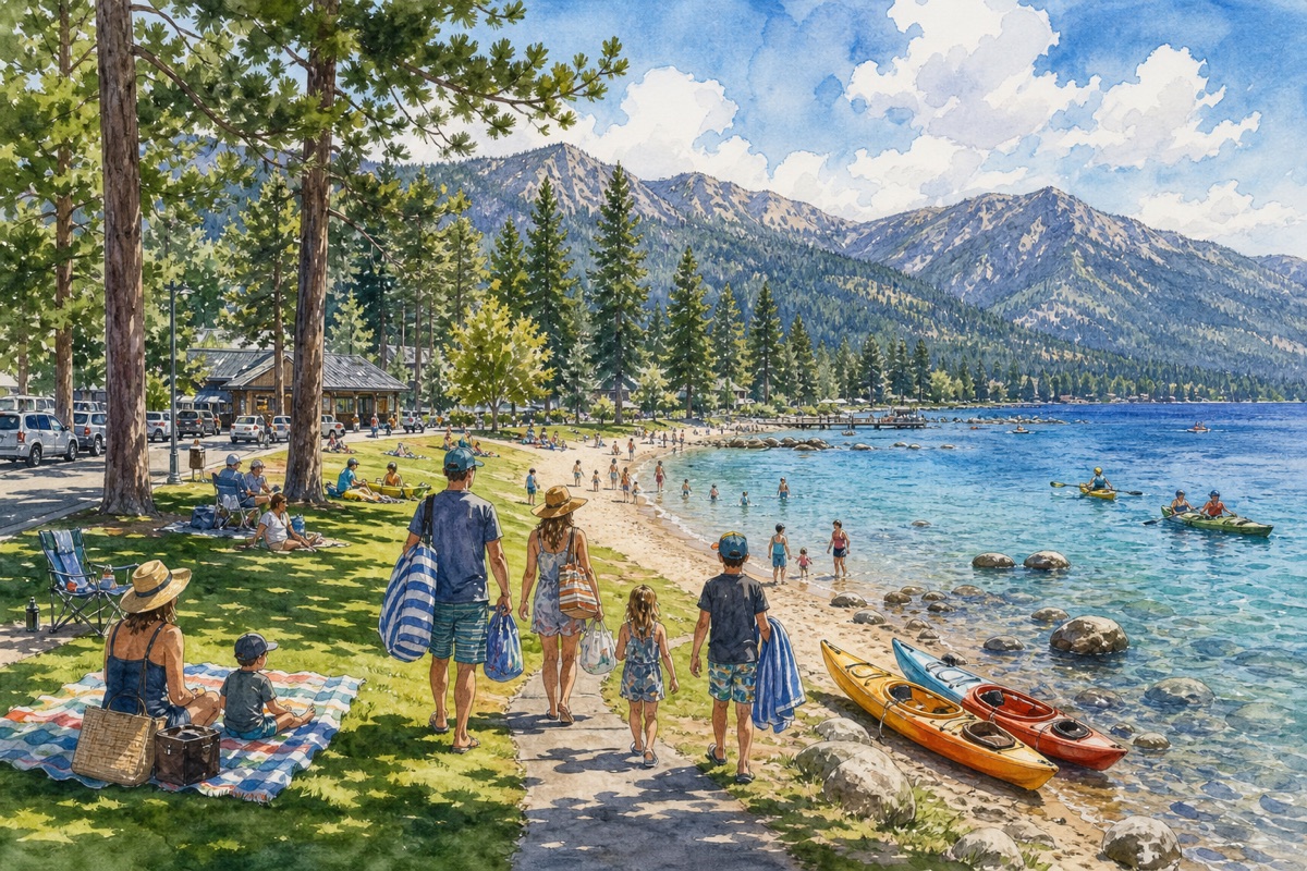 Watercolor cue art of a Tahoe City beach day with shade, parking, kayaks, and clear Lake Tahoe water