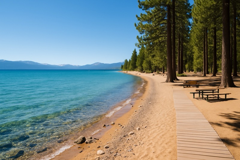 Sunny Tahoe City beach with boardwalk and blue water