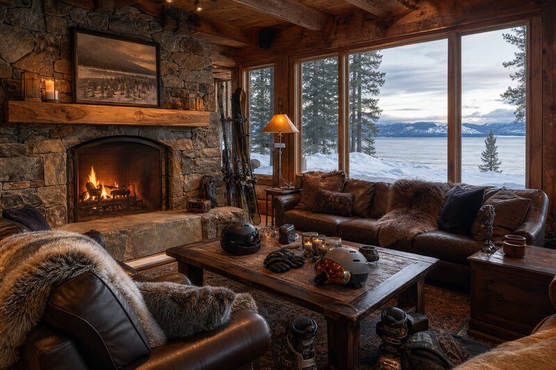Cozy Tahoe City ski lodge lounge with fireplace and lake-view windows